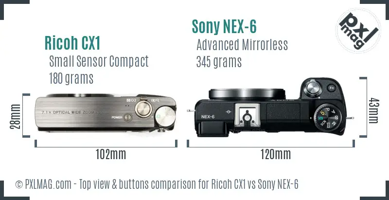 Ricoh CX1 vs Sony NEX-6 top view buttons comparison