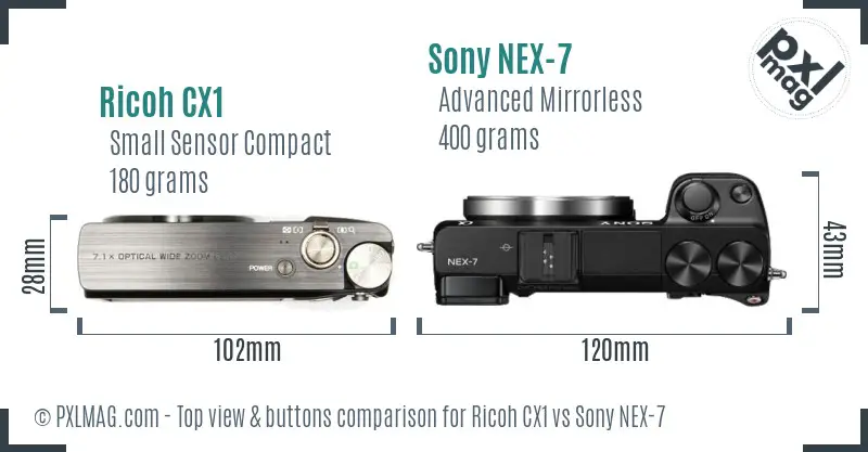 Ricoh CX1 vs Sony NEX-7 top view buttons comparison