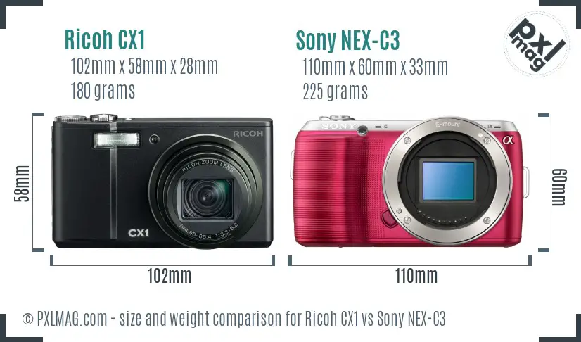 Ricoh CX1 vs Sony NEX-C3 size comparison