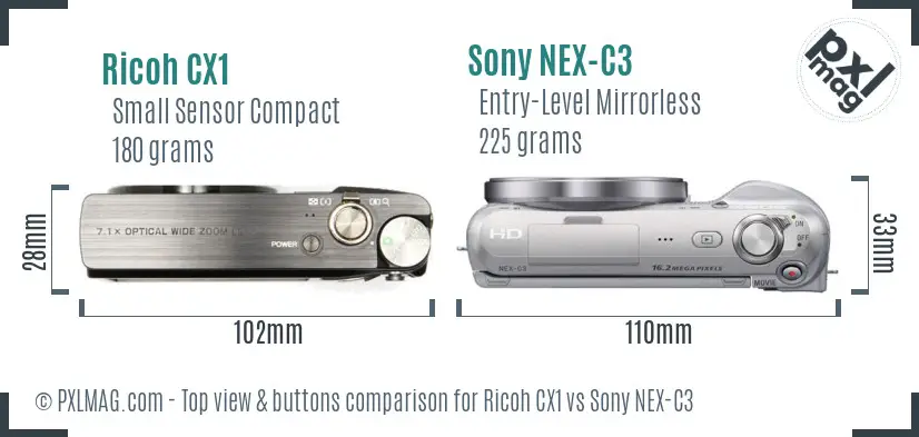 Ricoh CX1 vs Sony NEX-C3 top view buttons comparison
