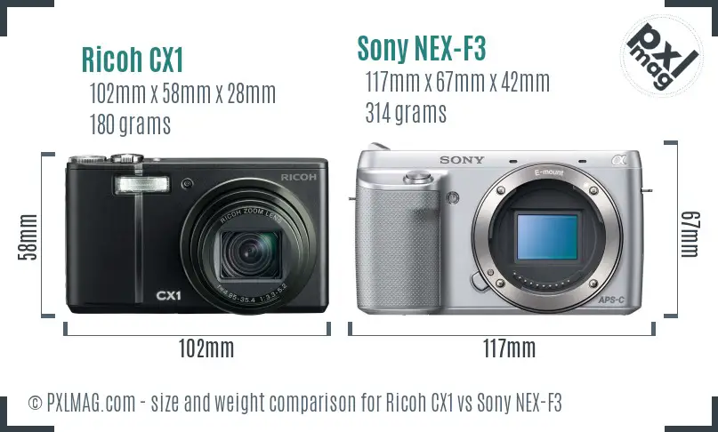 Ricoh CX1 vs Sony NEX-F3 size comparison