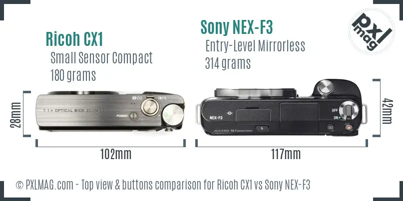 Ricoh CX1 vs Sony NEX-F3 top view buttons comparison