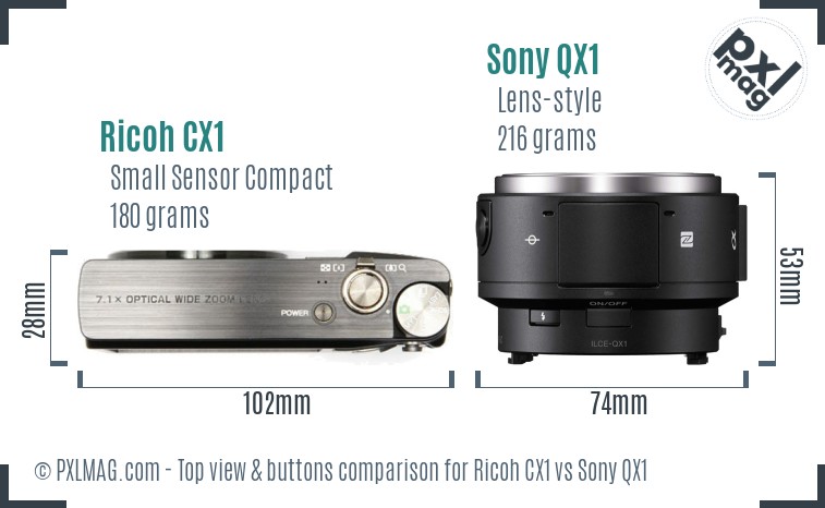 Ricoh CX1 vs Sony QX1 top view buttons comparison
