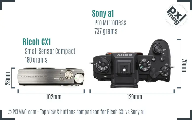 Ricoh CX1 vs Sony a1 top view buttons comparison