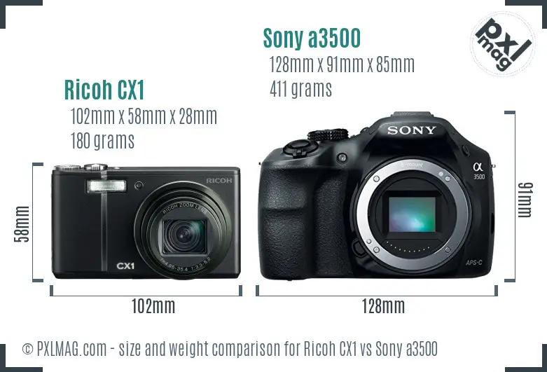 Ricoh CX1 vs Sony a3500 size comparison