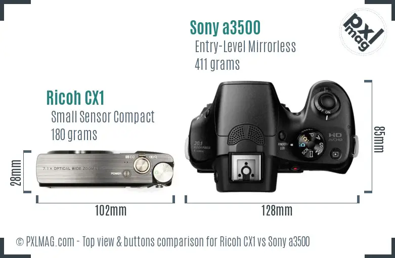 Ricoh CX1 vs Sony a3500 top view buttons comparison