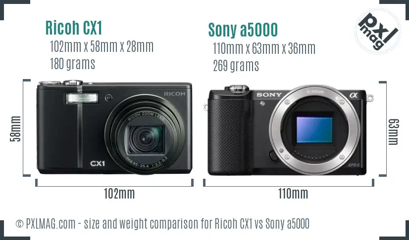 Ricoh CX1 vs Sony a5000 size comparison