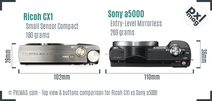 Ricoh CX1 vs Sony a5000 top view buttons comparison