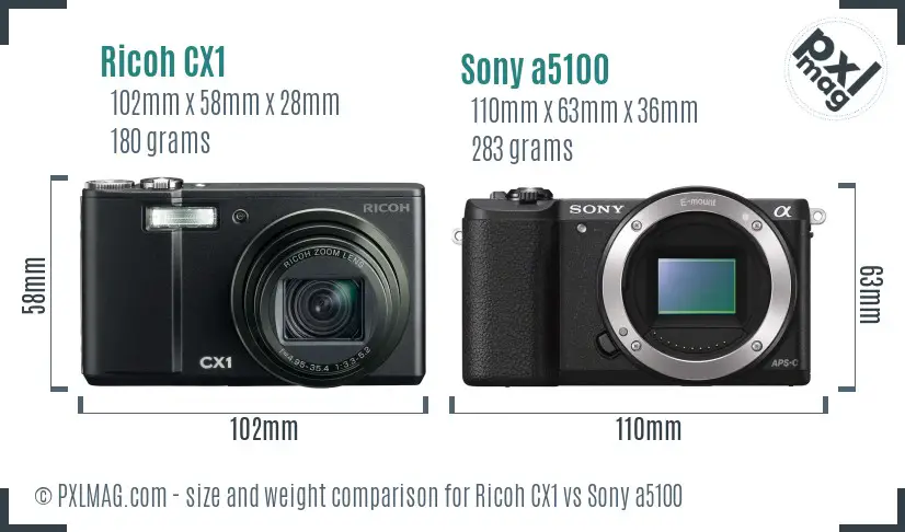 Ricoh CX1 vs Sony a5100 size comparison