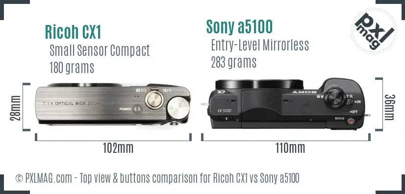 Ricoh CX1 vs Sony a5100 top view buttons comparison