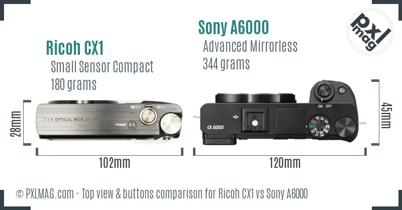 Ricoh CX1 vs Sony A6000 top view buttons comparison