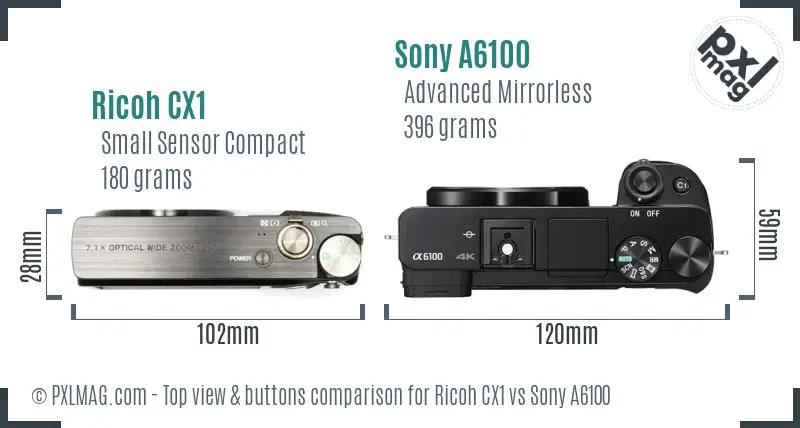 Ricoh CX1 vs Sony A6100 top view buttons comparison
