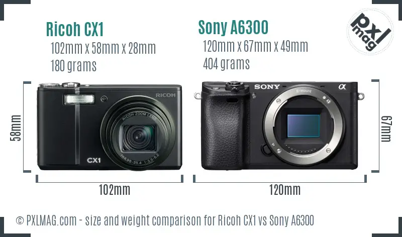 Ricoh CX1 vs Sony A6300 size comparison