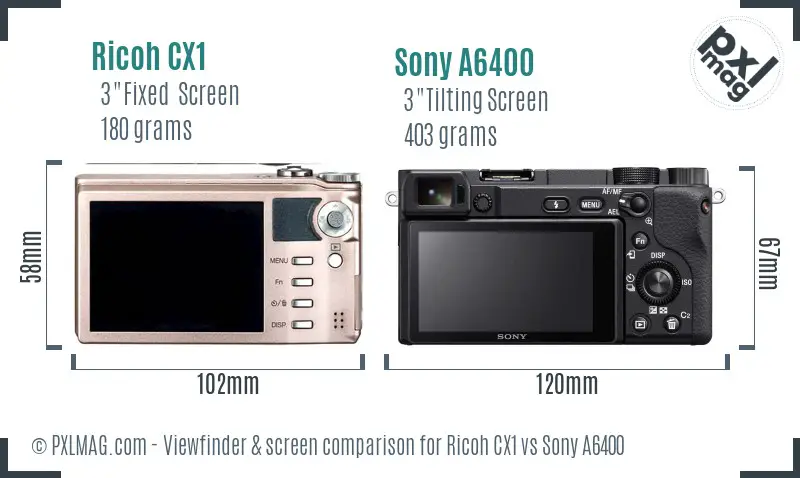 Ricoh CX1 vs Sony A6400 Screen and Viewfinder comparison