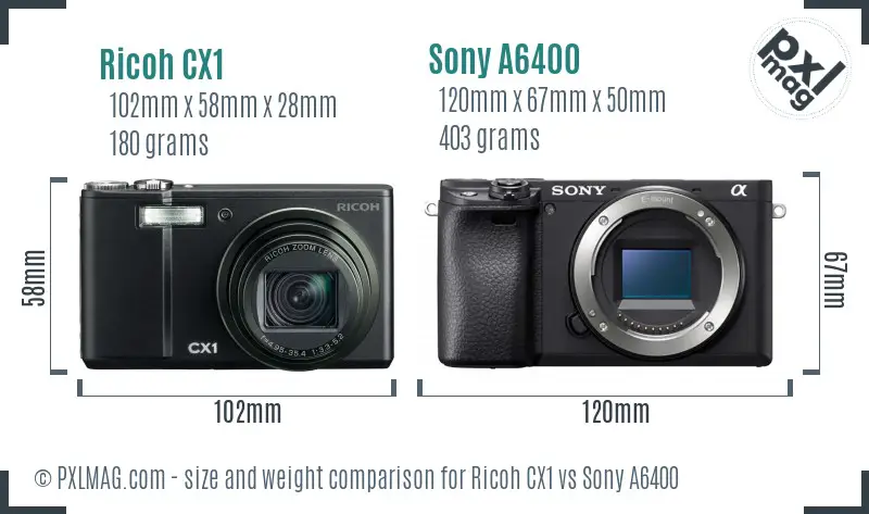 Ricoh CX1 vs Sony A6400 size comparison