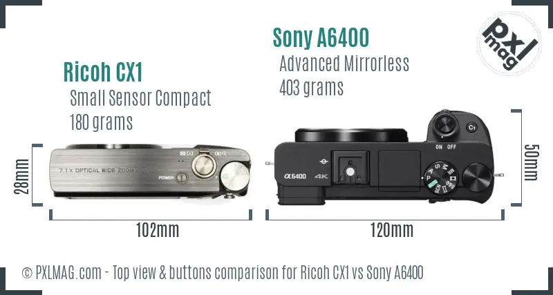 Ricoh CX1 vs Sony A6400 top view buttons comparison