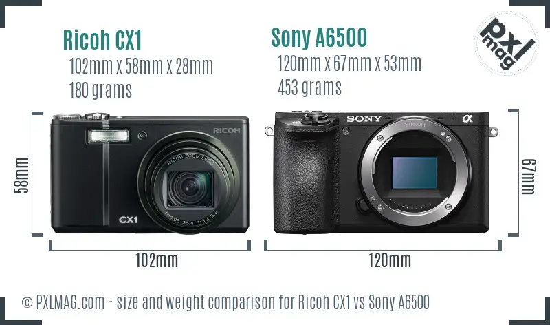 Ricoh CX1 vs Sony A6500 size comparison
