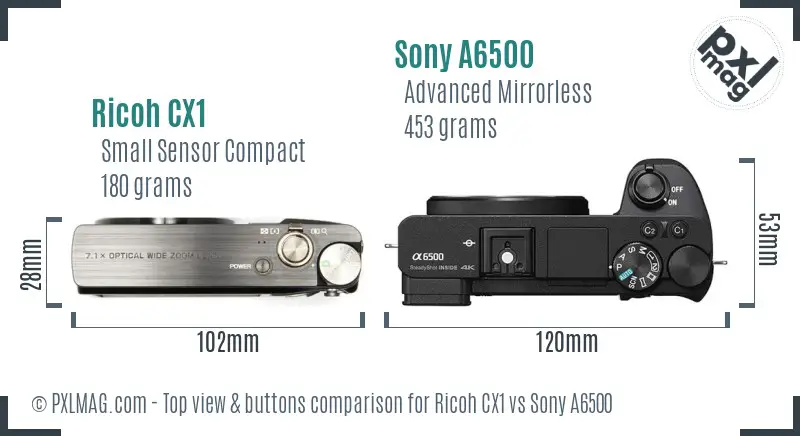 Ricoh CX1 vs Sony A6500 top view buttons comparison