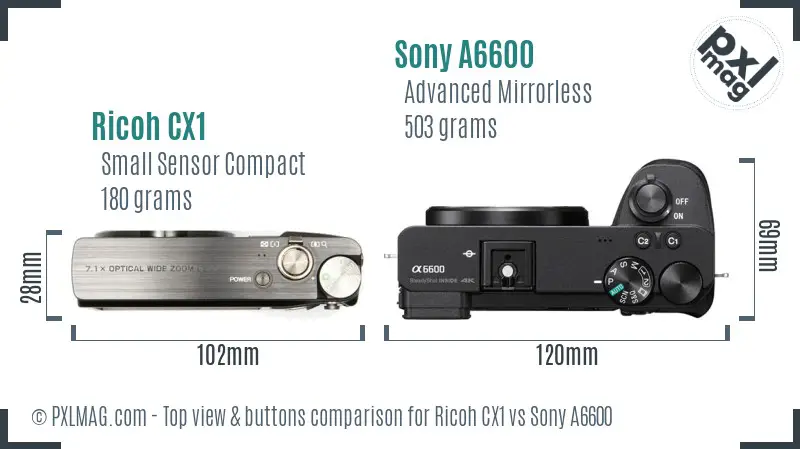 Ricoh CX1 vs Sony A6600 top view buttons comparison