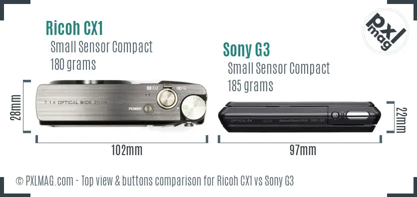 Ricoh CX1 vs Sony G3 top view buttons comparison