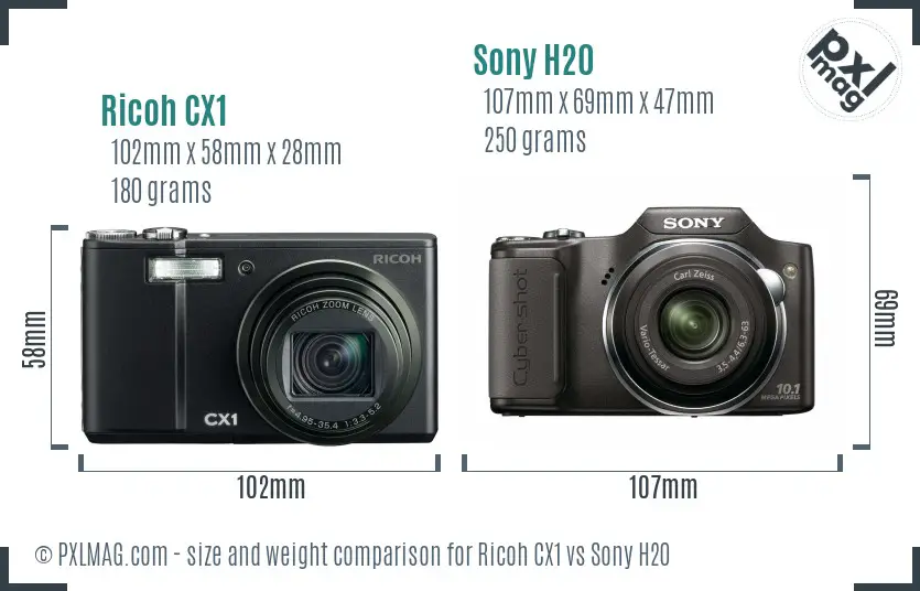 Ricoh CX1 vs Sony H20 size comparison