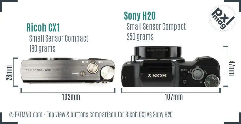 Ricoh CX1 vs Sony H20 top view buttons comparison