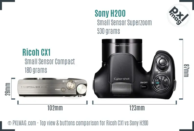 Ricoh CX1 vs Sony H200 top view buttons comparison