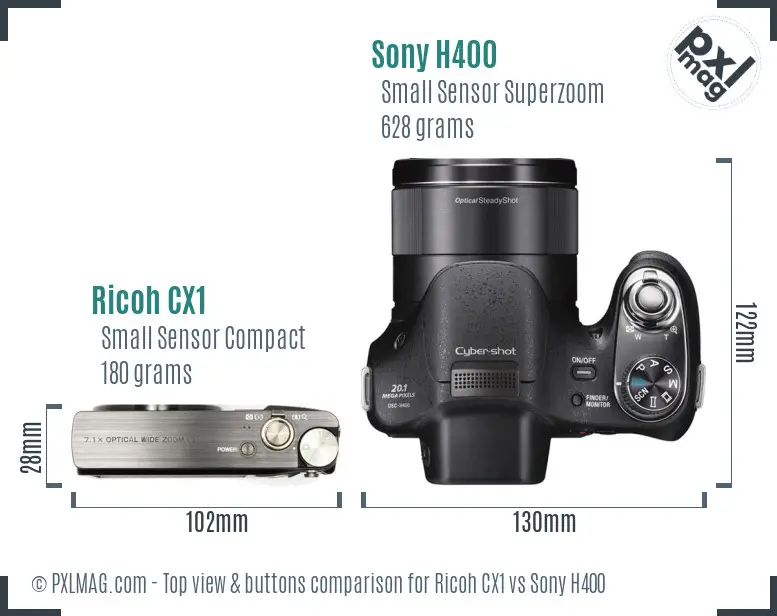 Ricoh CX1 vs Sony H400 top view buttons comparison