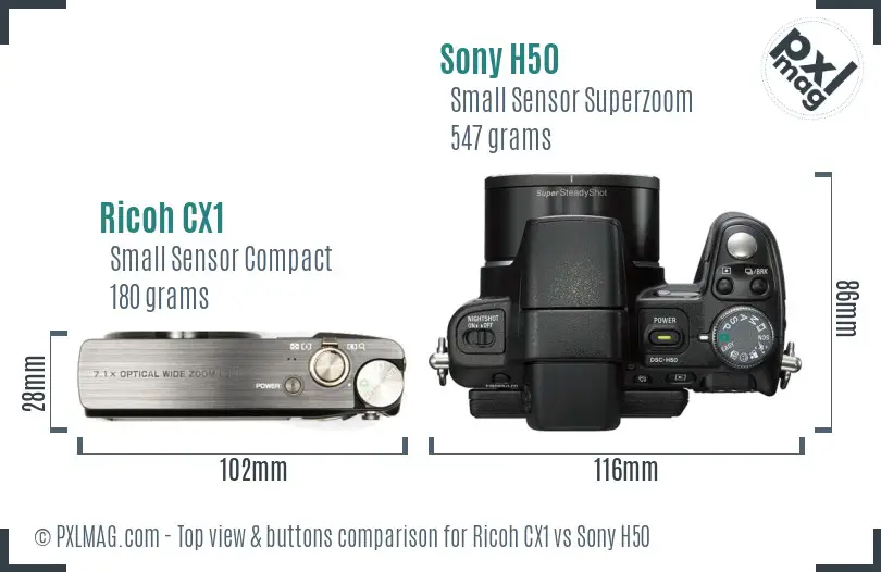 Ricoh CX1 vs Sony H50 top view buttons comparison