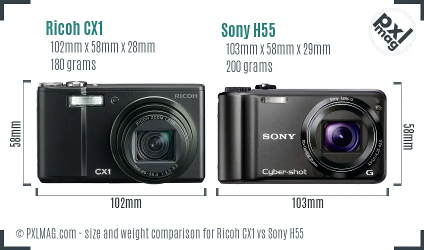 Ricoh CX1 vs Sony H55 size comparison