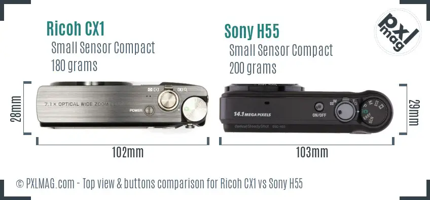 Ricoh CX1 vs Sony H55 top view buttons comparison