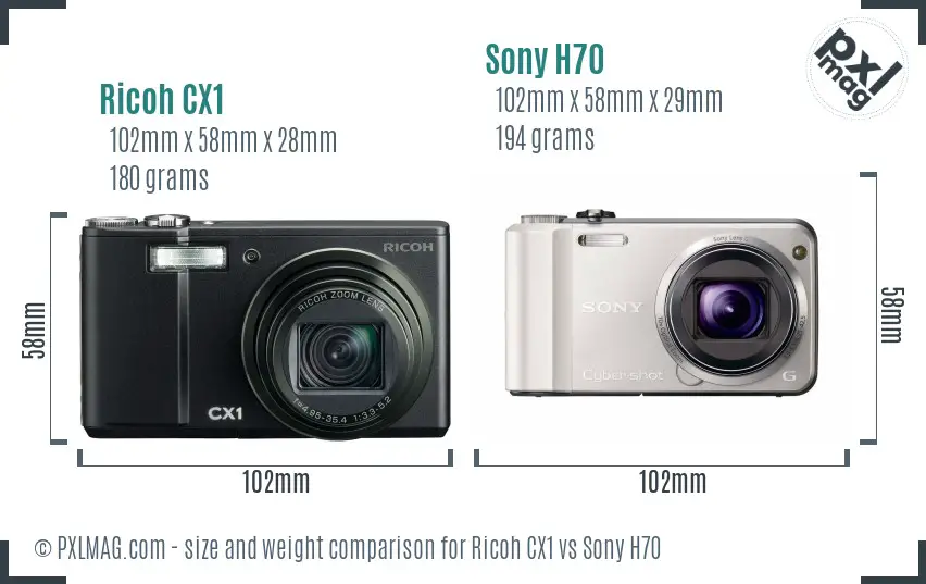 Ricoh CX1 vs Sony H70 size comparison