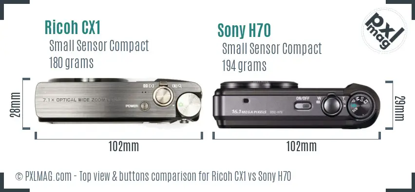 Ricoh CX1 vs Sony H70 top view buttons comparison