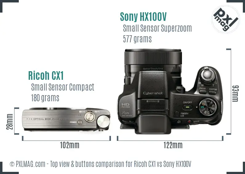 Ricoh CX1 vs Sony HX100V top view buttons comparison