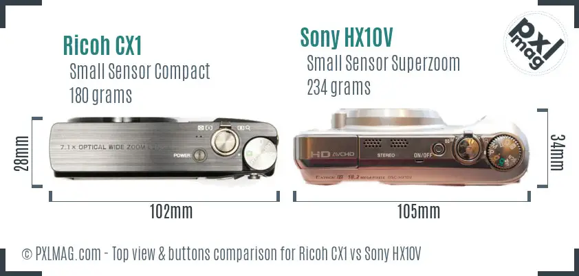 Ricoh CX1 vs Sony HX10V top view buttons comparison