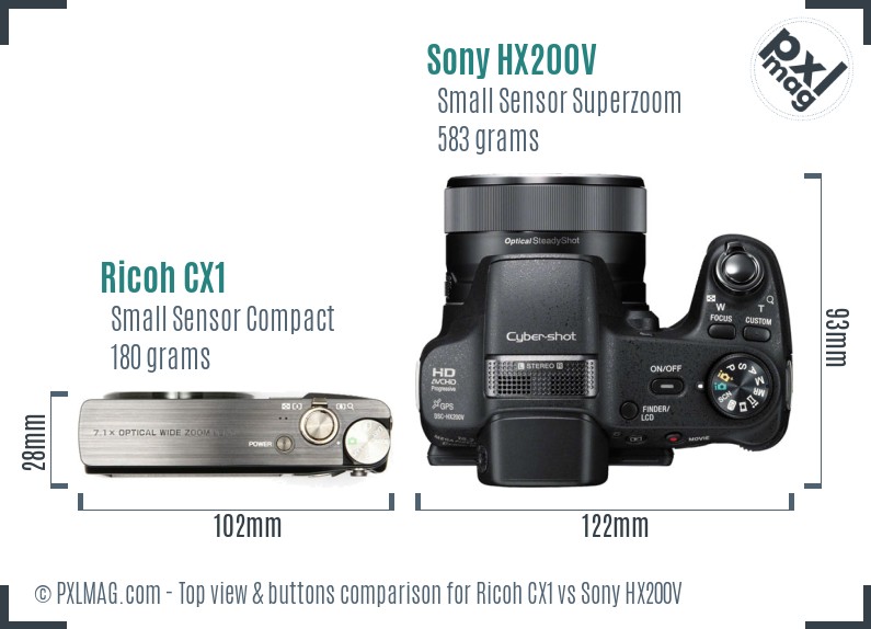 Ricoh CX1 vs Sony HX200V top view buttons comparison