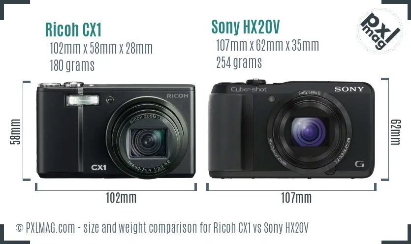 Ricoh CX1 vs Sony HX20V size comparison