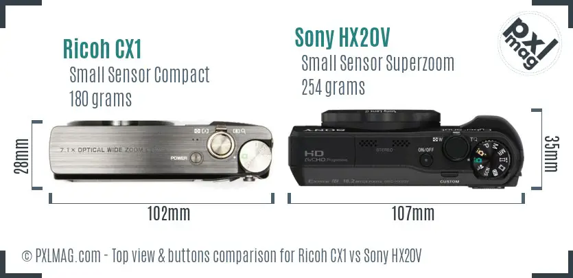 Ricoh CX1 vs Sony HX20V top view buttons comparison