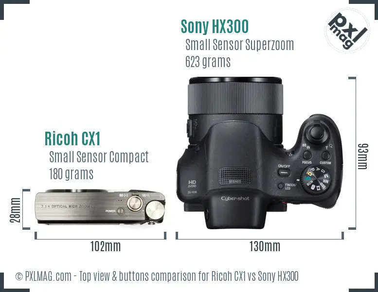 Ricoh CX1 vs Sony HX300 top view buttons comparison