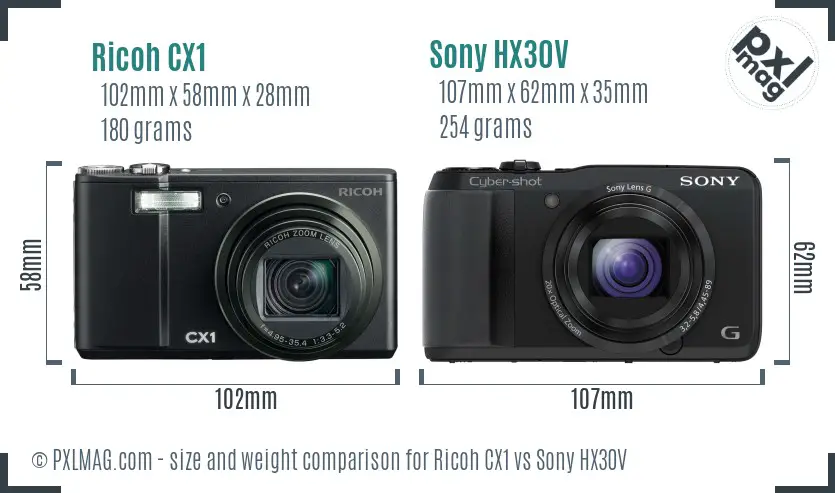 Ricoh CX1 vs Sony HX30V size comparison