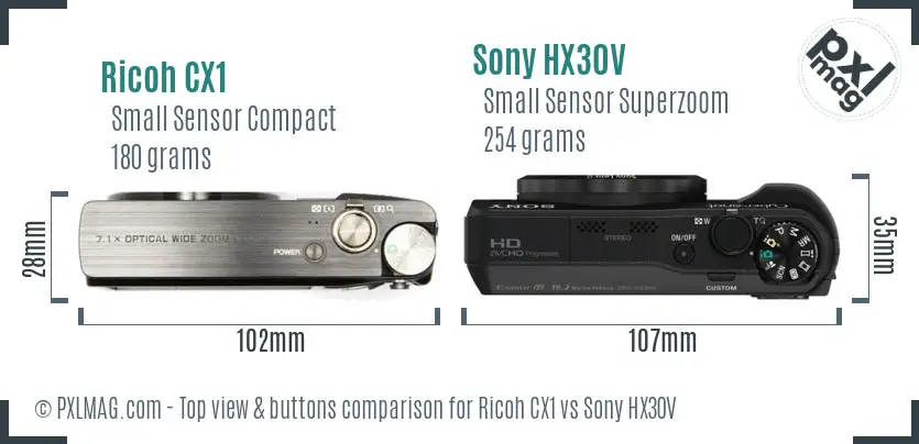 Ricoh CX1 vs Sony HX30V top view buttons comparison