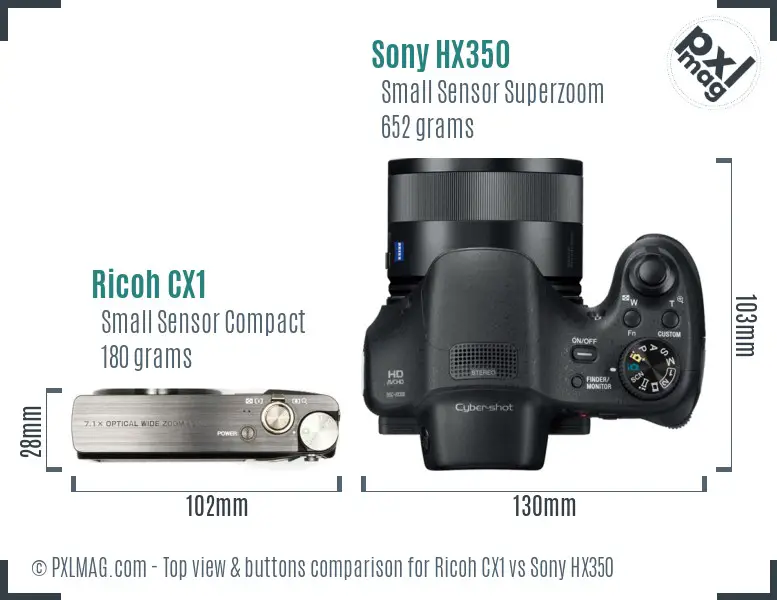 Ricoh CX1 vs Sony HX350 top view buttons comparison