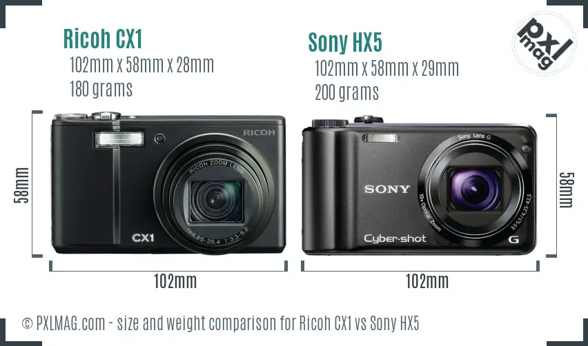 Ricoh CX1 vs Sony HX5 size comparison