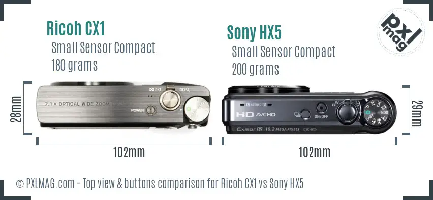 Ricoh CX1 vs Sony HX5 top view buttons comparison