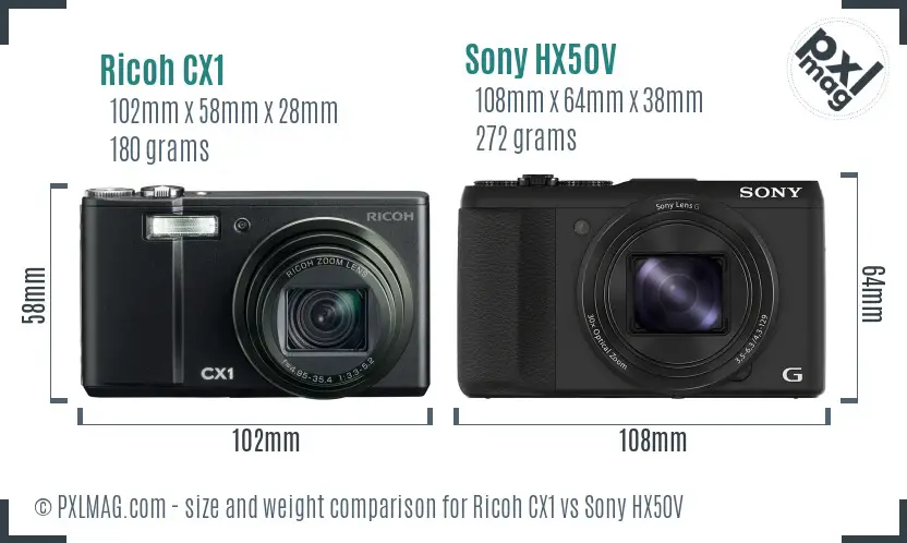 Ricoh CX1 vs Sony HX50V size comparison