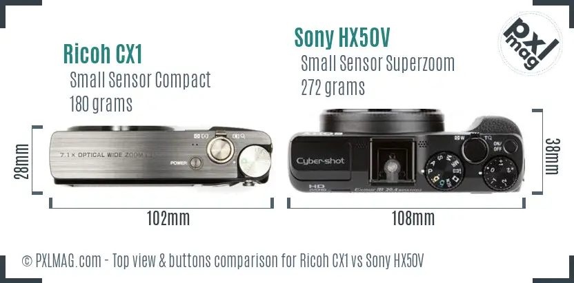 Ricoh CX1 vs Sony HX50V top view buttons comparison