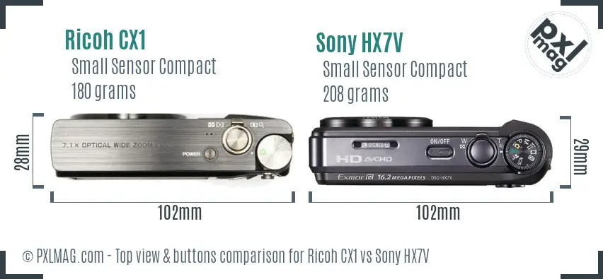 Ricoh CX1 vs Sony HX7V top view buttons comparison