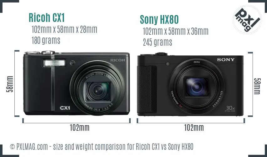 Ricoh CX1 vs Sony HX80 size comparison