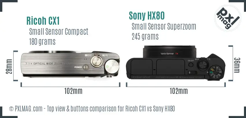 Ricoh CX1 vs Sony HX80 top view buttons comparison