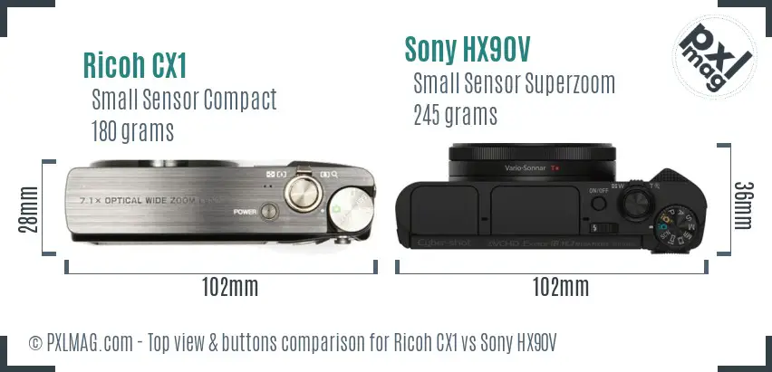 Ricoh CX1 vs Sony HX90V top view buttons comparison